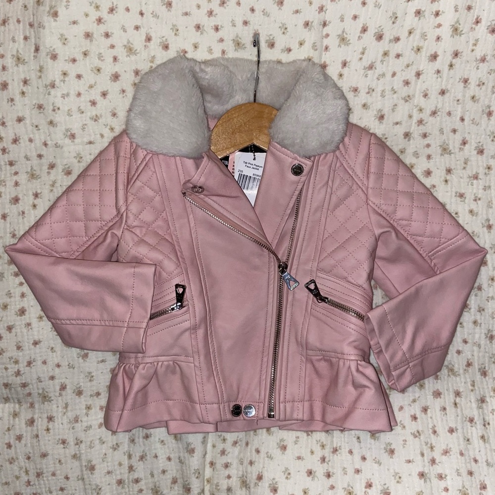 NWT Pink Quilted Faux Leather Jacket with Faux Fur Collar